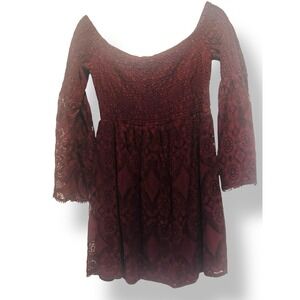 Burgundy Merlot Lace Smocked Mini Dress Sz Lg Bell Sleeves Lined Boho Romantic